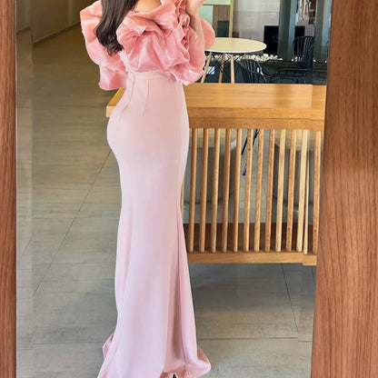 Bella Customized Pink Puff Sleeve Strapless Mermaid robes de soirée Chiffon Side Slit Party Dresses Floor-Length Prom Dress 2025