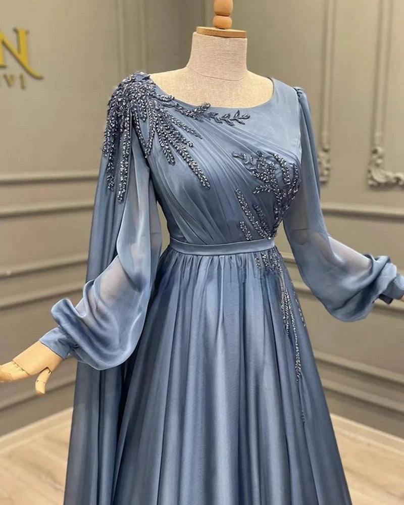 A-line Scoop Neck Arabia Prom Evening Dresses Cap Shoulder Long Sleeves Beaded Sequins Formal Party Gowns