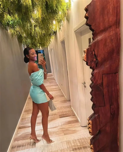 Mini Cyan Bow Off Shoulder Prom Dress Sexy Short Sheath For After Party And Cocktail