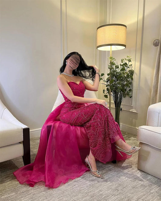 Luxury Red Satin Beaded Wedding Dresses Detachable Train Mermaid Sleeveless Formal Evening