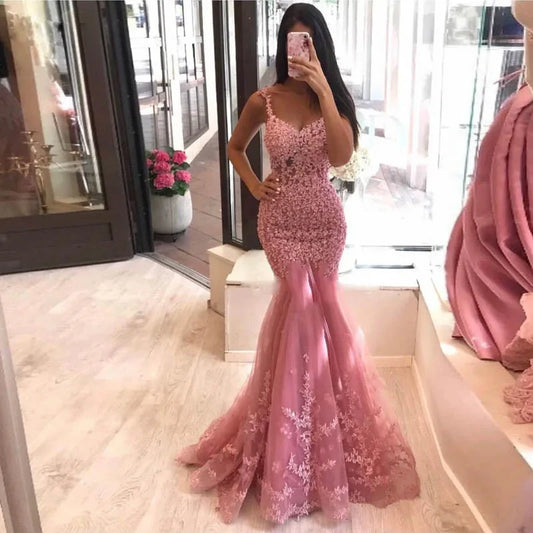 Elegant Lace Mermaid Evening Dresses Beaded Appliques Long Prom Gowns Mermaid Party Dress