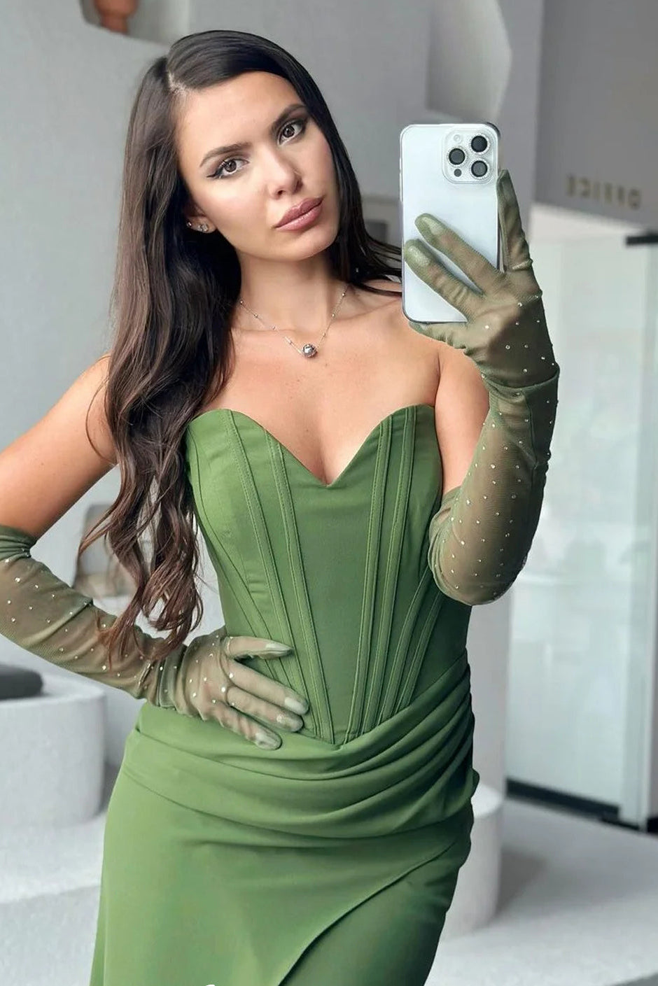 Sage Green Strapless Sheath High Slit Formal Dresses With Gloves