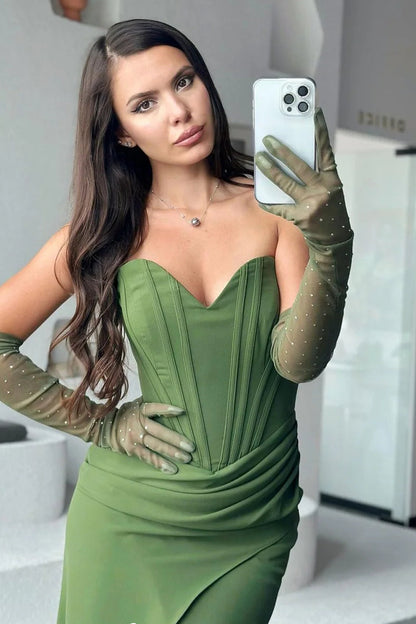Sage Green Strapless Sheath High Slit Formal Dresses With Gloves