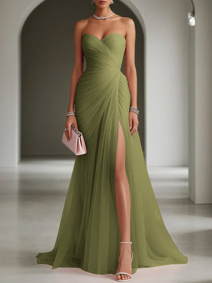 Ruched Slit Tulle Strapless Sleeveless Sheath Formal Gown