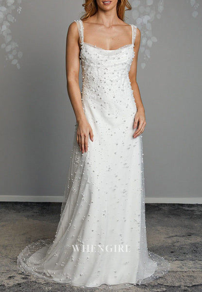 Column Square Neck Regular Straps Sleeveless Pearls Beading Wedding Dress