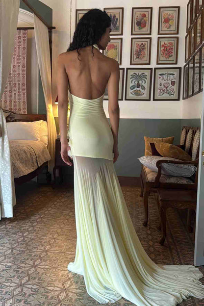 Mermaid Yellow Strapless Scoop Neck Sleeveless Long Prom Dress with Train