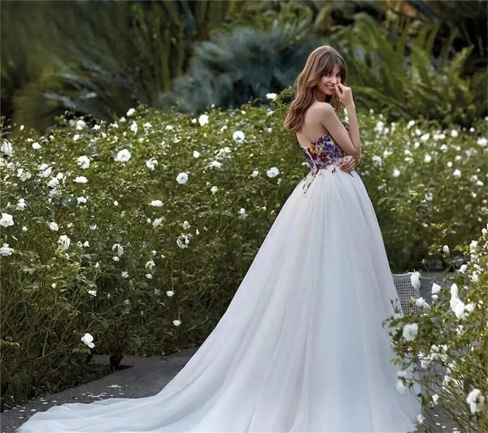 Colorful Embroidered Tulle Prom Dress Sweetheart Backless Pastoral Flower Evening Dresses for Women Sleeveless Party Gowns 2025