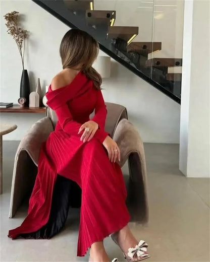 Customized Long Sleeves Prom Dresses One Shoulder Pleated Ankle Length Formal Occasion Dress Temperament Evening Dresses