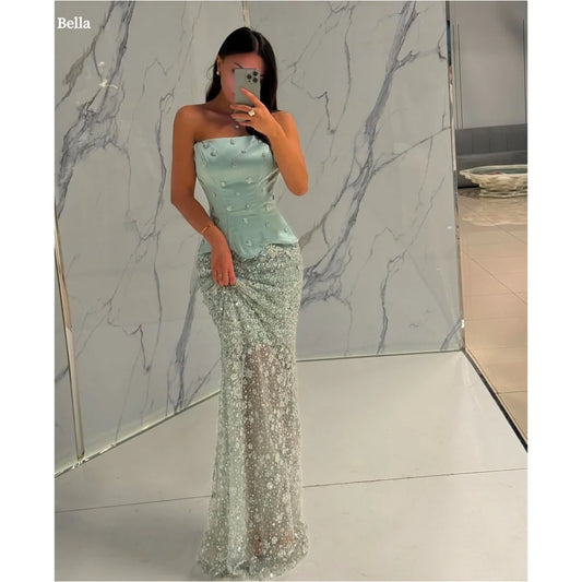 Column Strapless Luxury Lace Long Formal Evening Dress