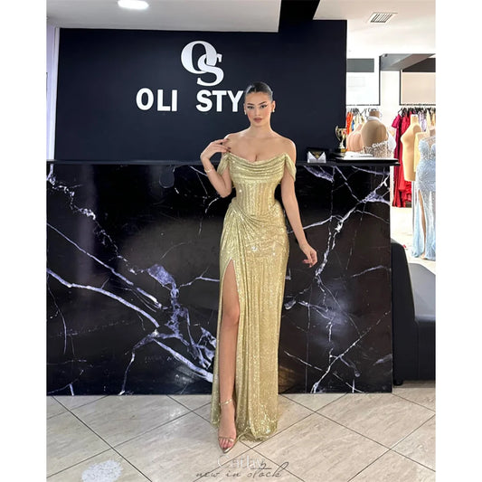Off Shoulder Glitter Prom Dress Pleated Side High Split Floor-length Formal Evening 2025
