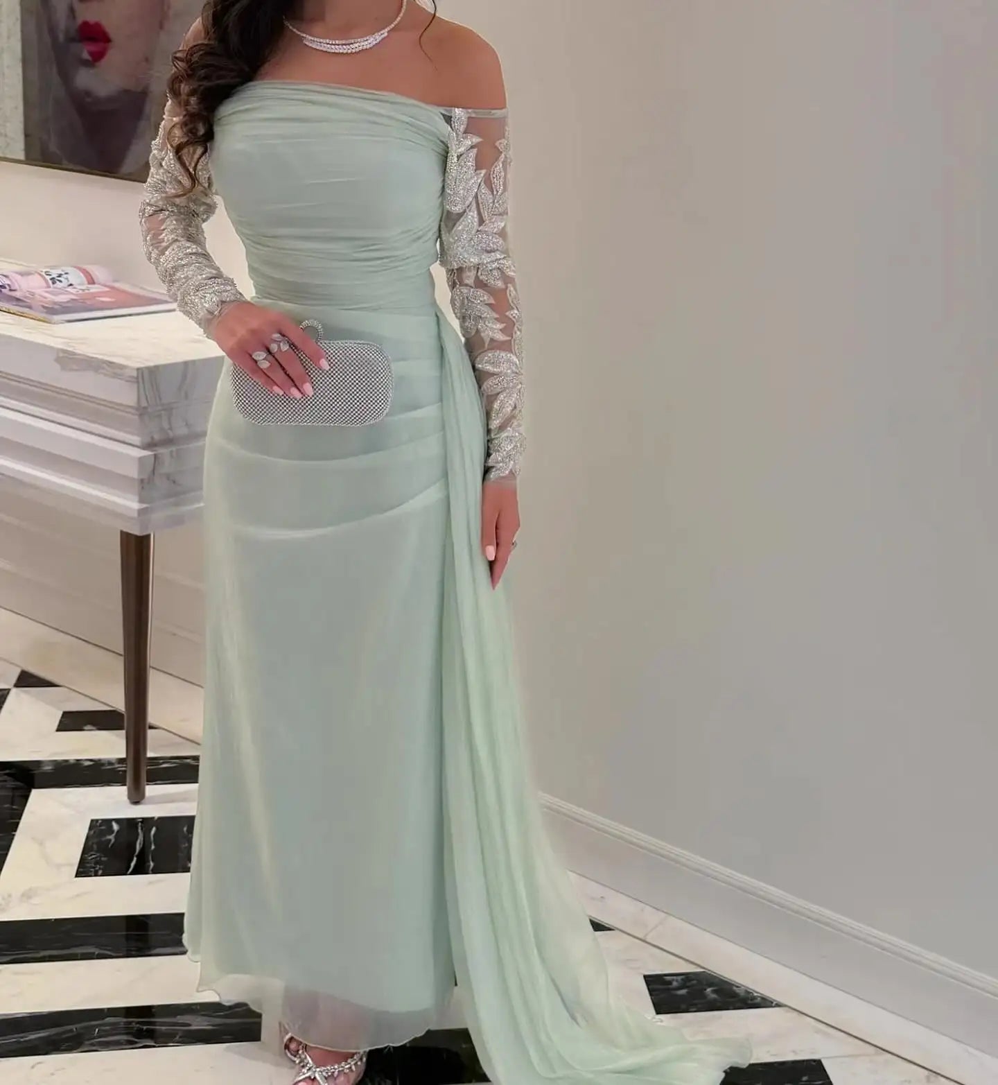 Aenyrst Light Green Prom Gown Women Beaded Off Shoulder Party Evening Dress Ankle Length Formal Occasion Dresses 2025 customized