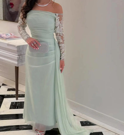 Aenyrst Light Green Prom Gown Women Beaded Off Shoulder Party Evening Dress Ankle Length Formal Occasion Dresses 2025 customized