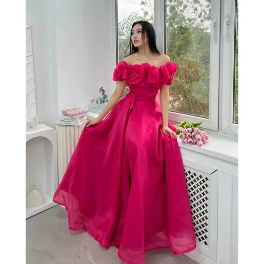 Hot Pink Evening Dress 2025 Hand-curled Flowers Prom Dresses A-Shape Off-shoulder Organza Formal Evening Dress