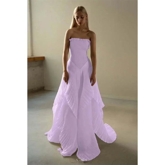 Strapless Pleated Asymmetrical Prom Dresses Elegant Sleeveless Floor-Length Formal Evening