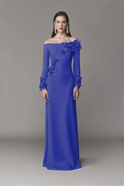Simple Off Shoulder 3D Flower Prom Dress Long Sleeves Elegant Floor-length Formal Evening Dress