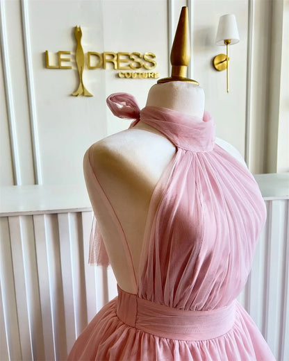 Customized Multi-Layered A-line Mesh Fabric robes de soirée Halter Neck Sleeveless Party Dresses Ankle-Length Prom Dress