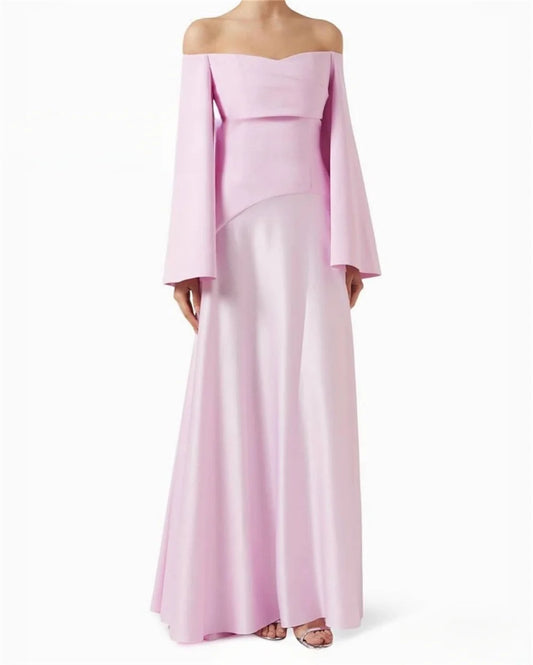 Muslim Taffeta Prom Dresses Modest A-line Long Sleeves Off the Shoulder Formal Evening Dress