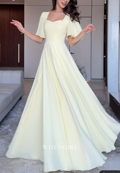 Pale Yellow Square Neck Flutter Sleeve Flowy Maxi Cocktail Dress