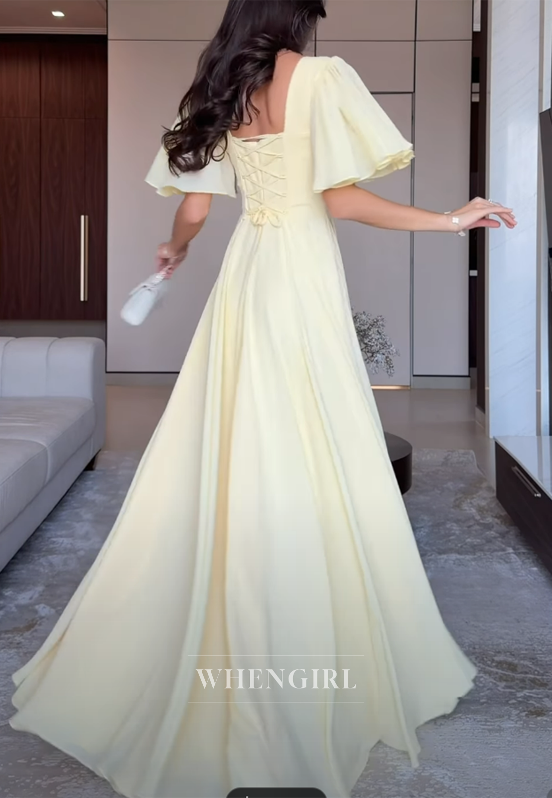 Pale Yellow Square Neck Flutter Sleeve Flowy Maxi Cocktail Dress