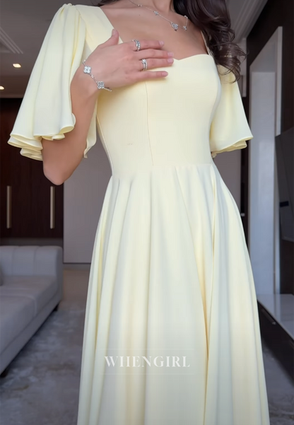 Pale Yellow Square Neck Flutter Sleeve Flowy Maxi Cocktail Dress