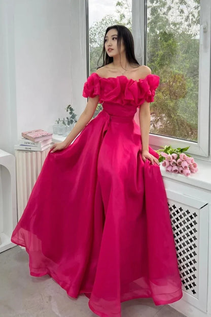Hot Pink Evening Dress 2025 Hand-curled Flowers Prom Dresses A-Shape Off-shoulder Organza Formal Evening Dress