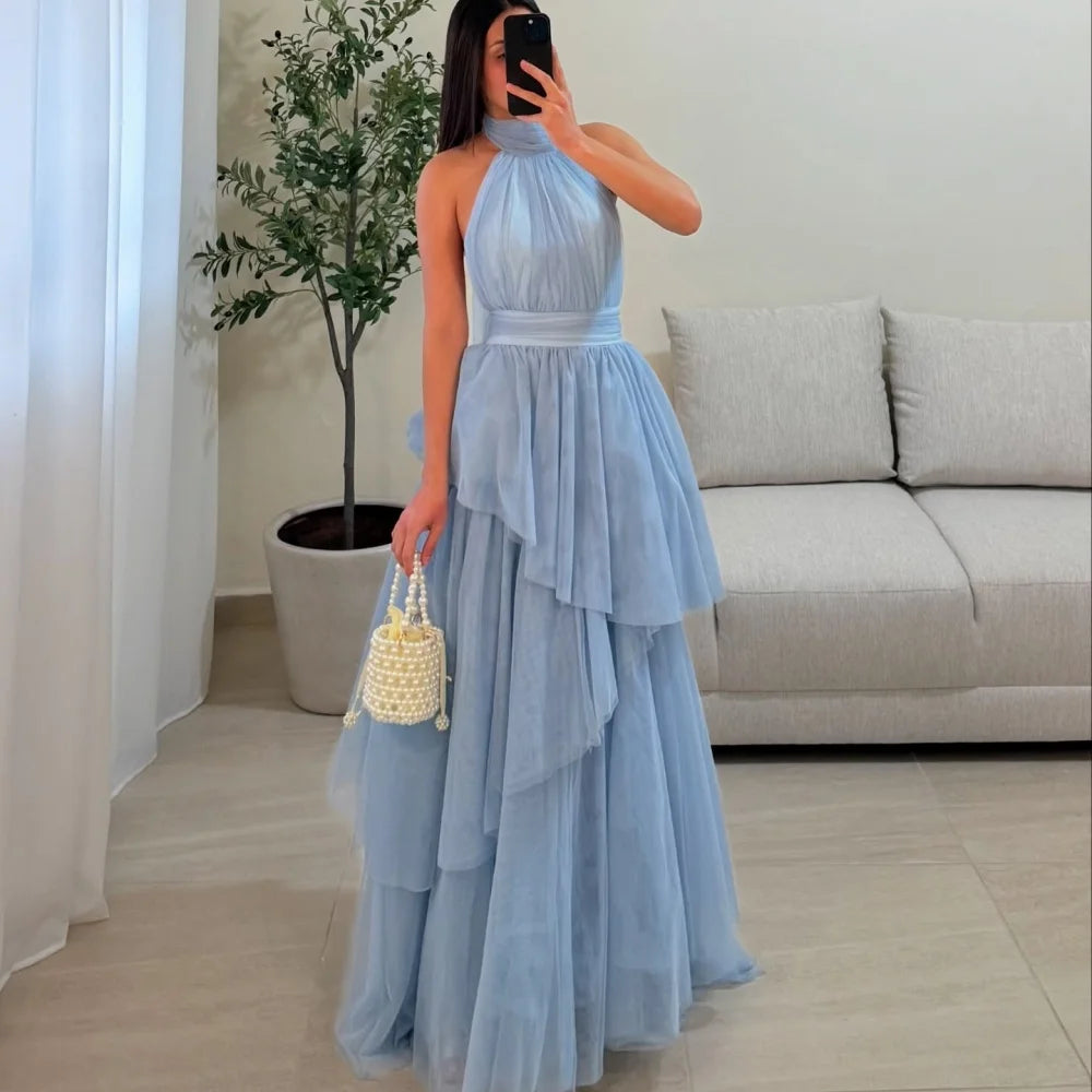 Customized Multi-Layered A-line Mesh Fabric robes de soirée Halter Neck Sleeveless Party Dresses Ankle-Length Prom Dress
