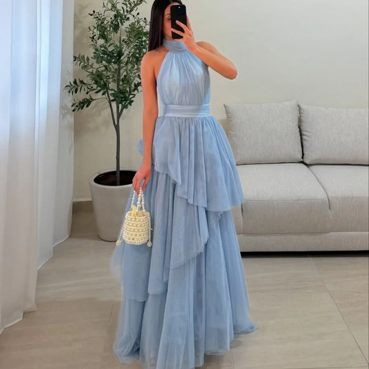 Customized Multi-Layered A-line Mesh Fabric robes de soirée Halter Neck Sleeveless Party Dresses Ankle-Length Prom Dress