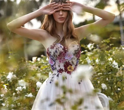 Colorful Embroidered Tulle Prom Dress Sweetheart Backless Pastoral Flower Evening Dresses for Women Sleeveless Party Gowns 2025