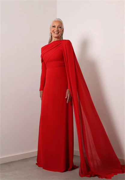 Red Long Sleeves With Shawl Mother Of The Bride Dress Floor-length Prom Dresses Customized Elegant