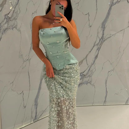 Column Strapless Luxury Lace Long Formal Evening Dress