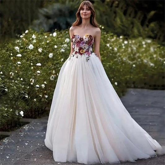 Colorful Embroidered Tulle Prom Dress Sweetheart Backless Pastoral Flower Evening Dresses for Women Sleeveless Party Gowns 2025