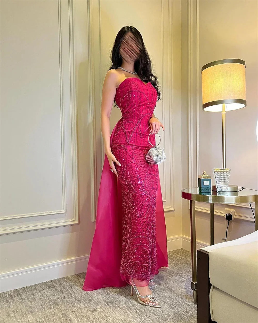 Luxury Red Satin Beaded Wedding Dresses Detachable Train Mermaid Sleeveless Formal Evening