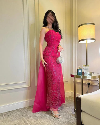 Luxury Red Satin Beaded Wedding Dresses Detachable Train Mermaid Sleeveless Formal Evening