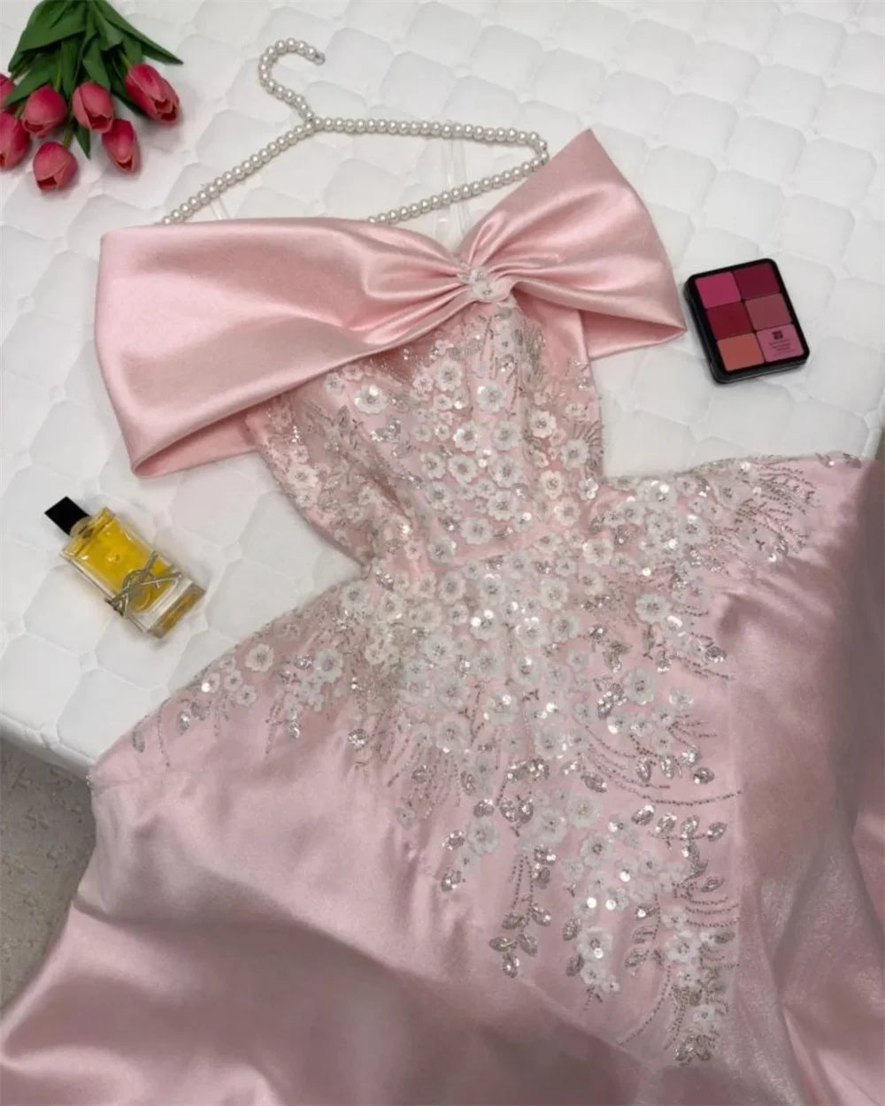 Pink Off Shoulder Sequinned Appliques Prom Dresses A-Line Lace-Up  Sleeveless Evening Dress