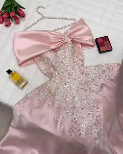 Pink Off Shoulder Sequinned Appliques Prom Dresses A-Line Lace-Up  Sleeveless Evening Dress