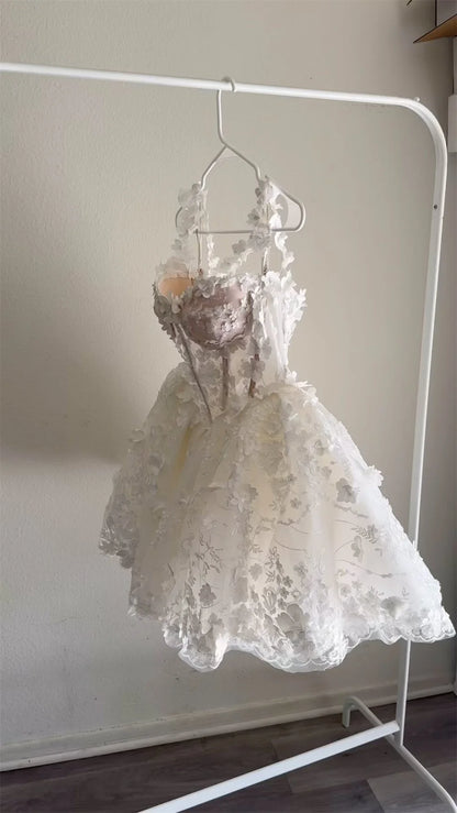 Mini Tulle Wedding Dresses Spaghetti Strap Customized Sleeveless Princess Flowers