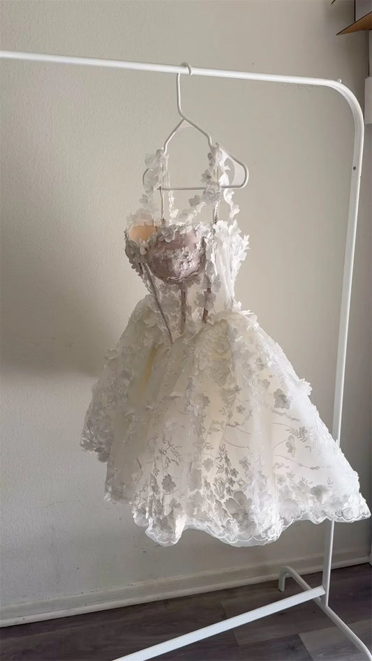 Mini Tulle Wedding Dresses Spaghetti Strap Customized Sleeveless Princess Flowers