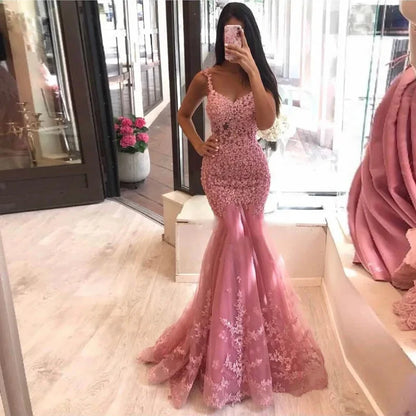 Elegant Lace Mermaid Evening Dresses Beaded Appliques Long Prom Gowns Mermaid Party Dress