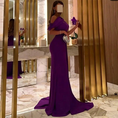One Shoulder Purple Prom Dresses customized Train Mermaid Evening Dresses Long Satin Party Gown For Women