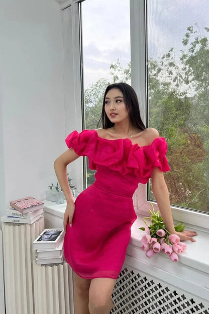 Hot Pink Evening Dress 2025 Hand-curled Flowers Prom Dresses A-Shape Off-shoulder Organza Formal Evening Dress