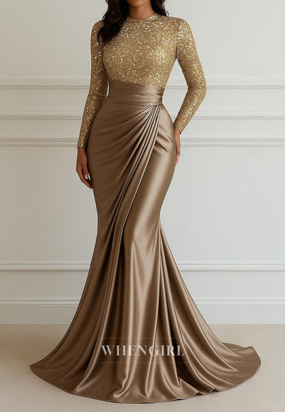 Mermaid Long Sleeves Sweep Train Bateau Neck Pleated Mother of the Bride Dress Evening Dress