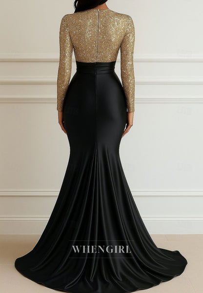 Mermaid Long Sleeves Sweep Train Bateau Neck Pleated Mother of the Bride Dress Evening Dress