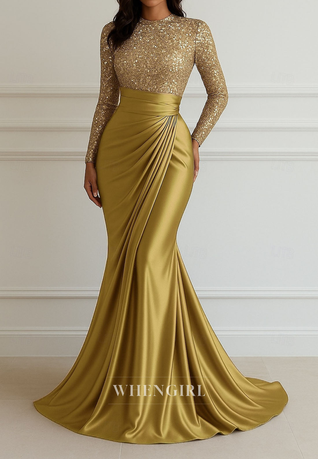 Mermaid Long Sleeves Sweep Train Bateau Neck Pleated Mother of the Bride Dress Evening Dress