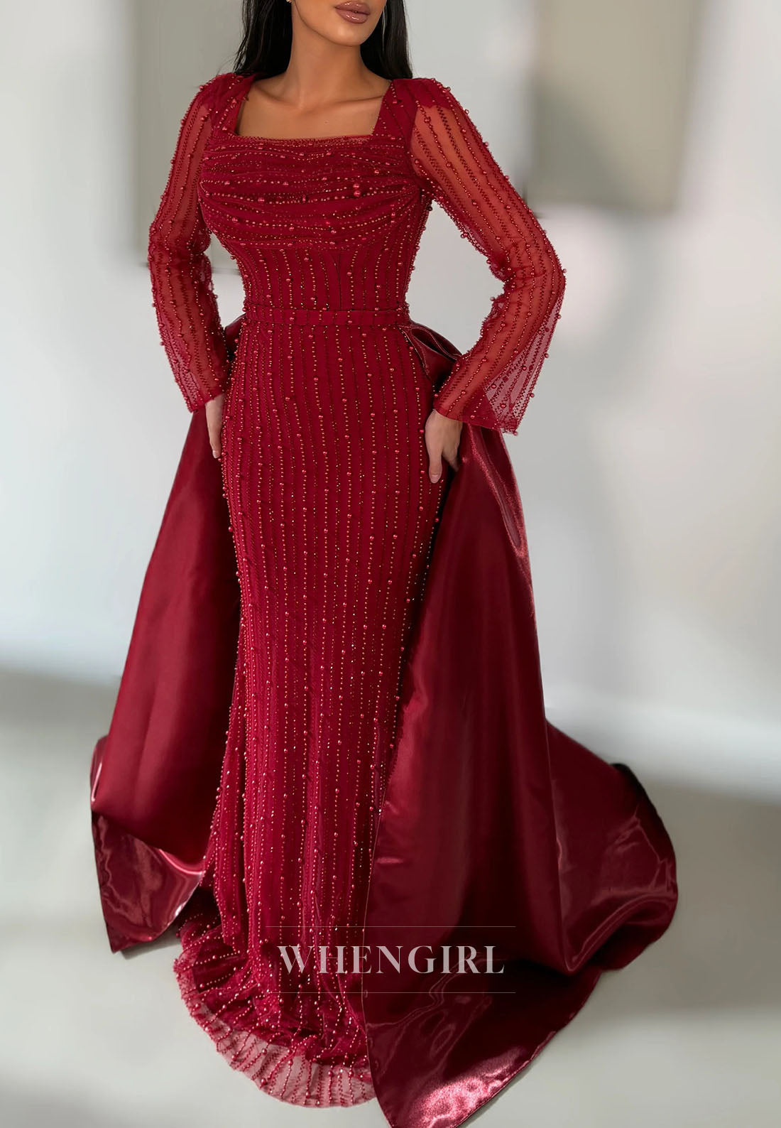 Sheath Square Neck Long Sleeves Beaded Sweep Train Evening Dress
