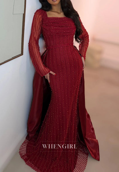Sheath Square Neck Long Sleeves Beaded Sweep Train Evening Dress