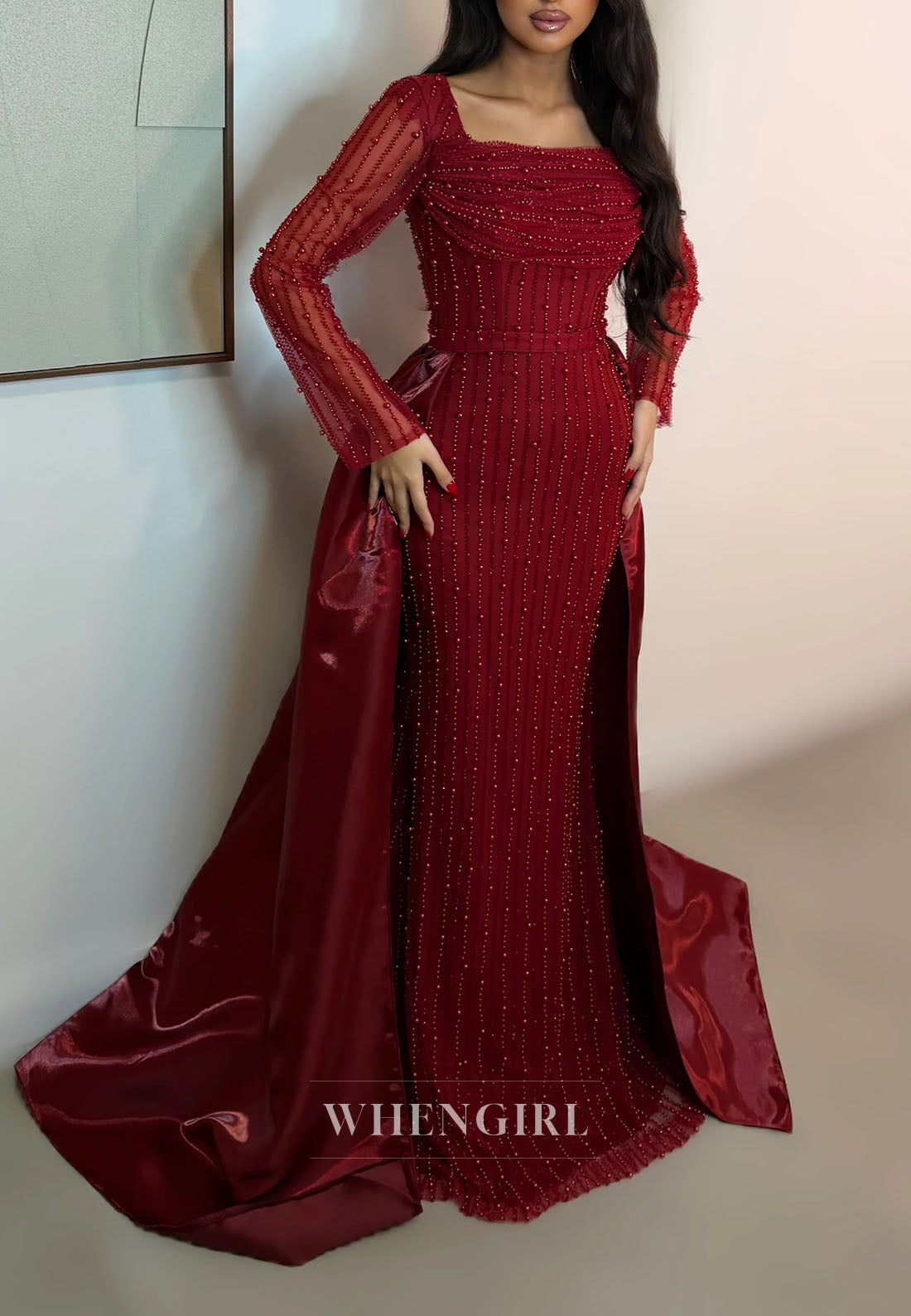 Sheath Square Neck Long Sleeves Beaded Sweep Train Evening Dress