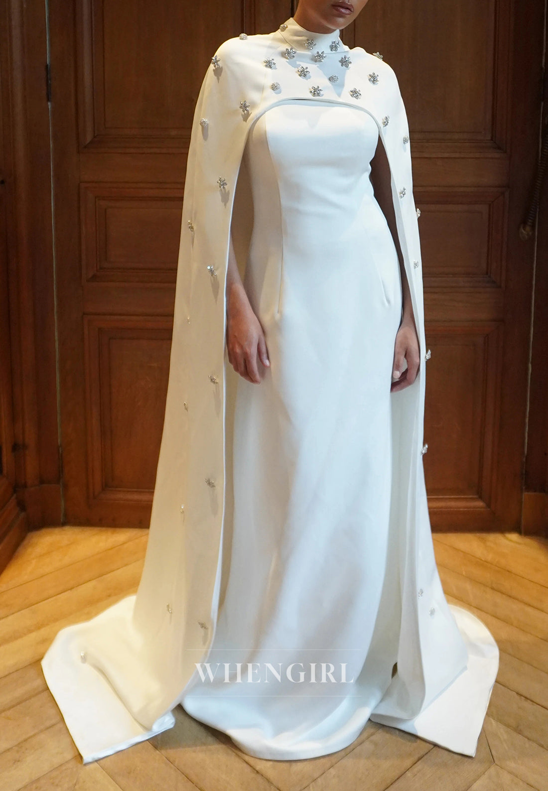 Sheath Beaded Rhinestones High Neck Cape Back Zipper Wedding Dress