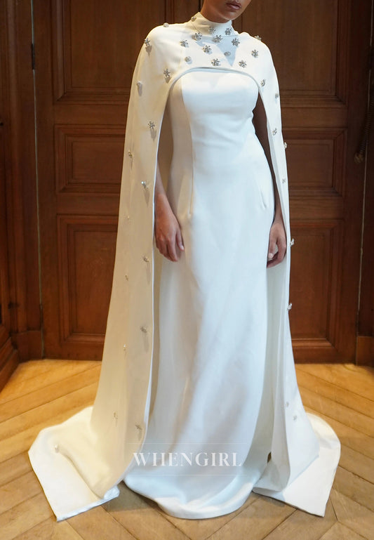 Sheath Beaded Rhinestones High Neck Cape Back Zipper Wedding Dress