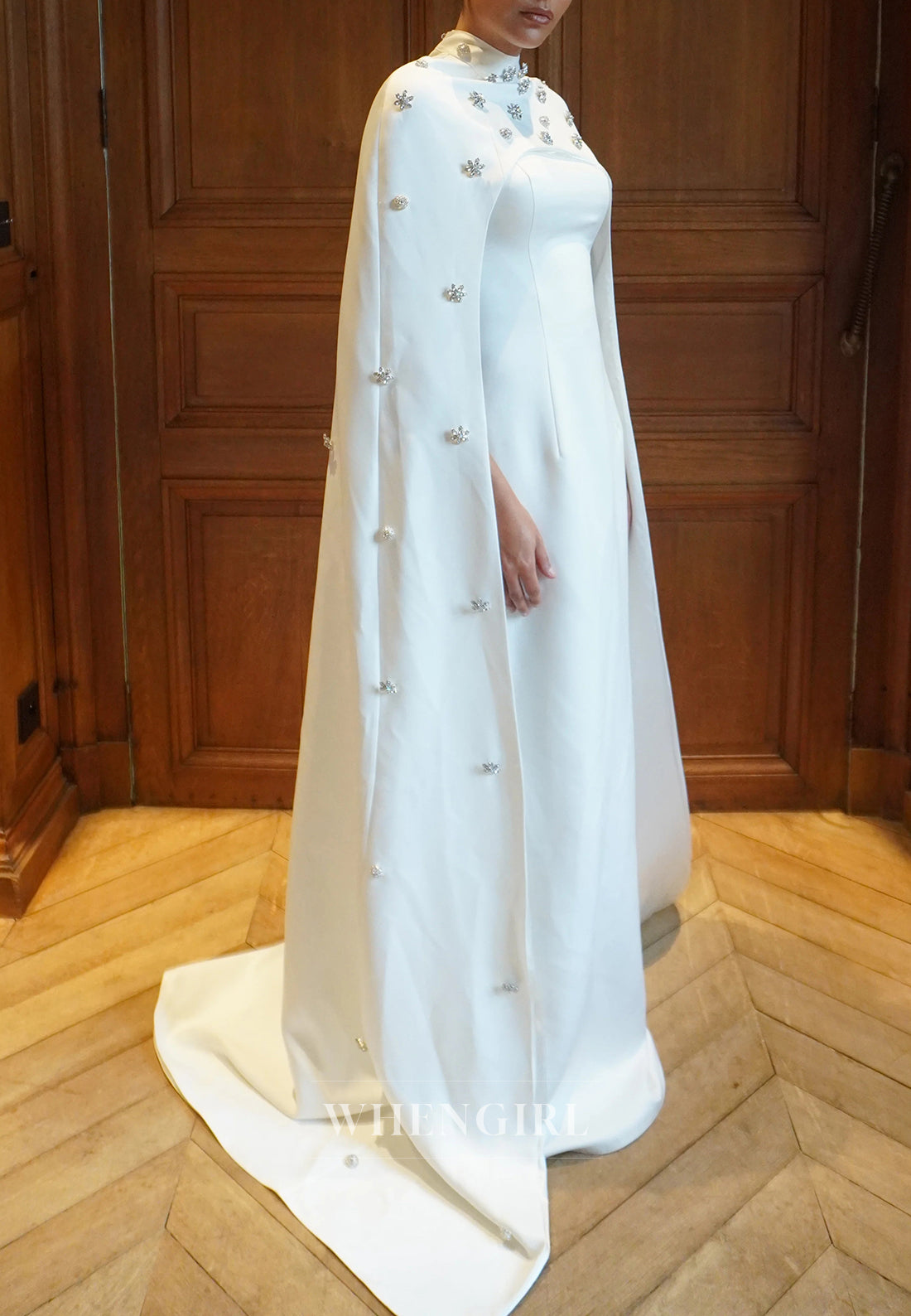 Sheath Beaded Rhinestones High Neck Cape Back Zipper Wedding Dress