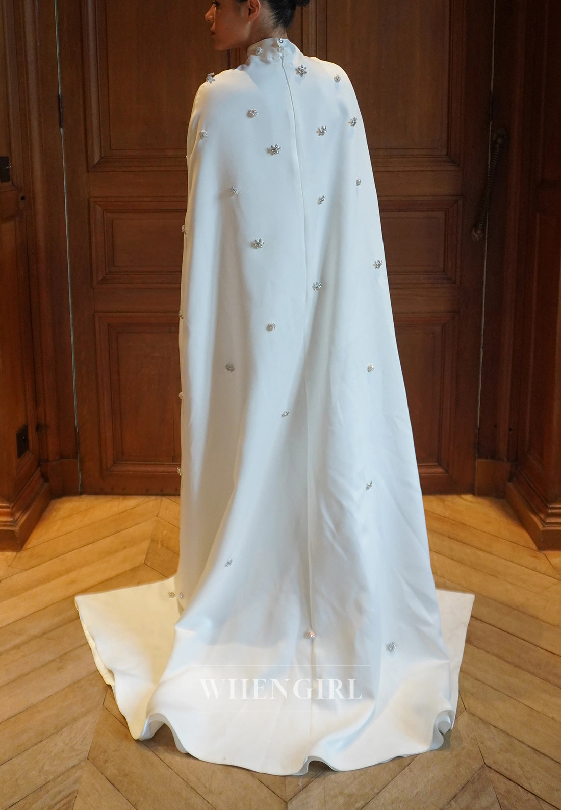 Sheath Beaded Rhinestones High Neck Cape Back Zipper Wedding Dress